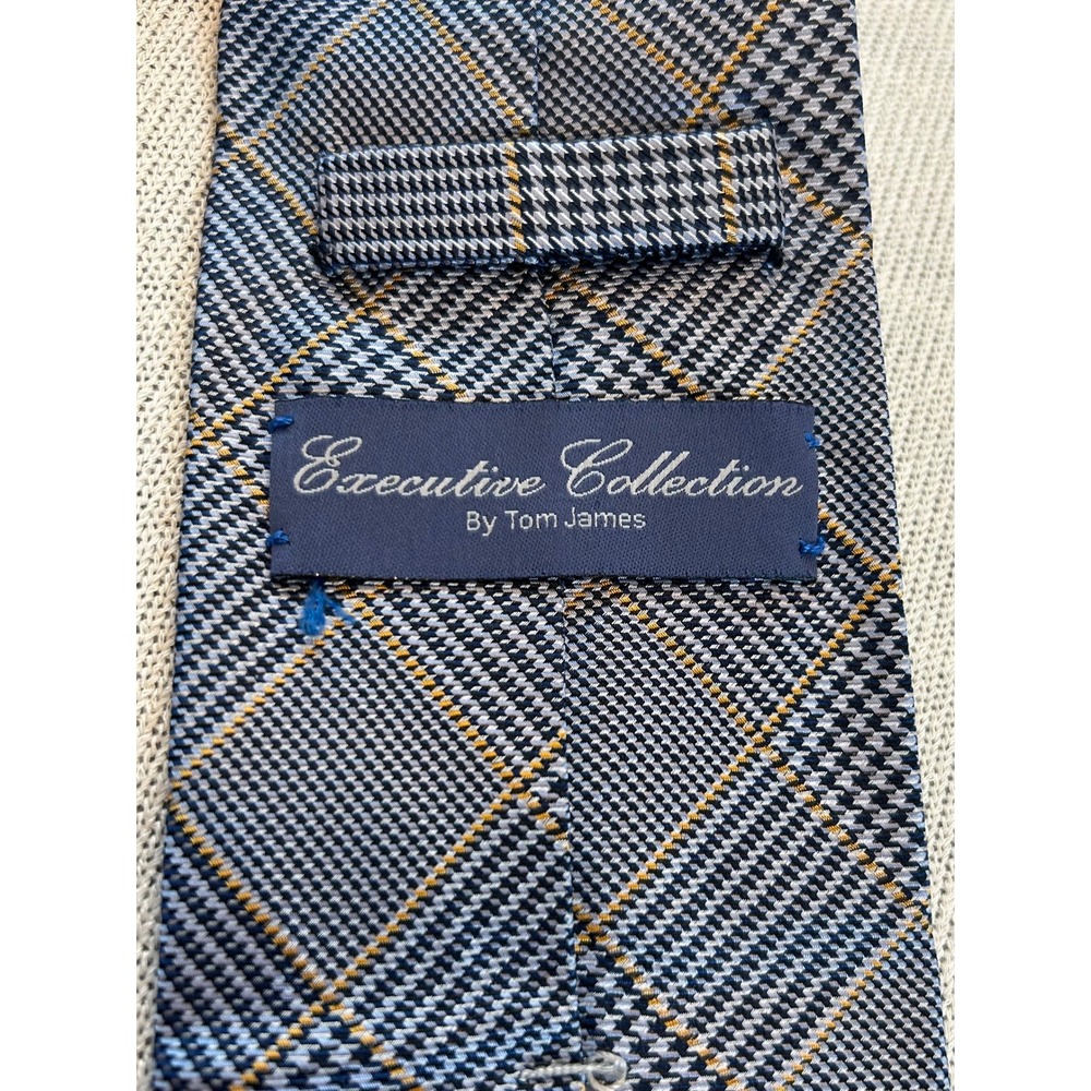 Tom James Executive Collection Mens Silk Plaid Necktie Blue Gold Business Formal